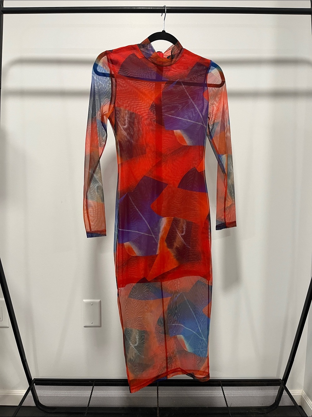 AKIRA Red, Purple & Blue Abstract Mesh Long Sleeve Midi Dress